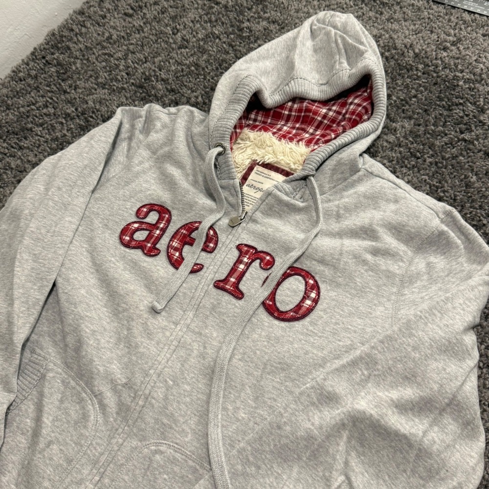 Vintage Aeropostale Zip Hoodie Womens Grey Excellent Plaid Logo Sherpa Lined XL